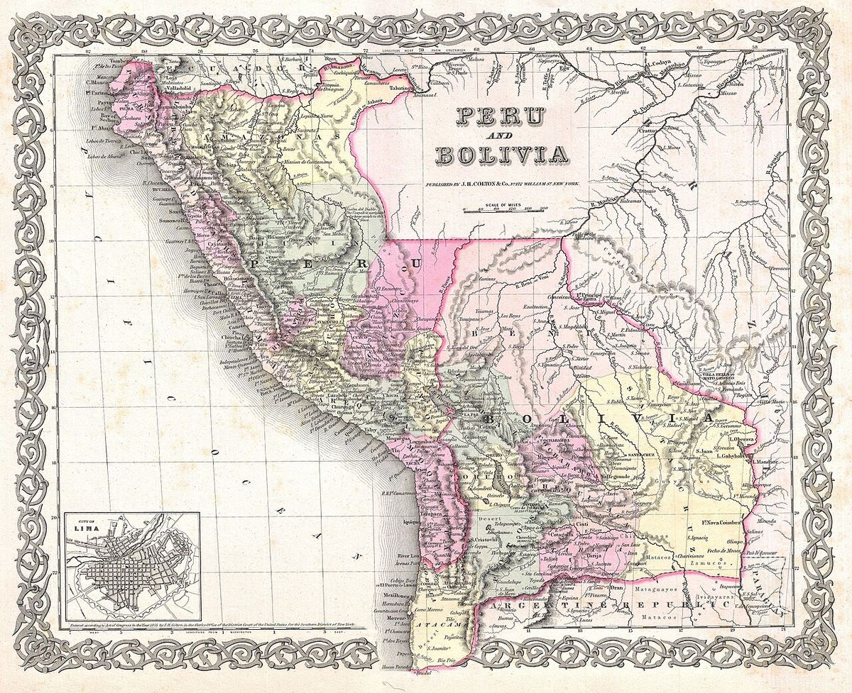 Peru and Bolivia, de J. H. Colton, 1855. Perú y Bolivia en la carta de J. H. Colton, fechada en 1855. Bolivia aparece con su litoral en el Pacífico y con el norte amazónico dentro de sus límites.