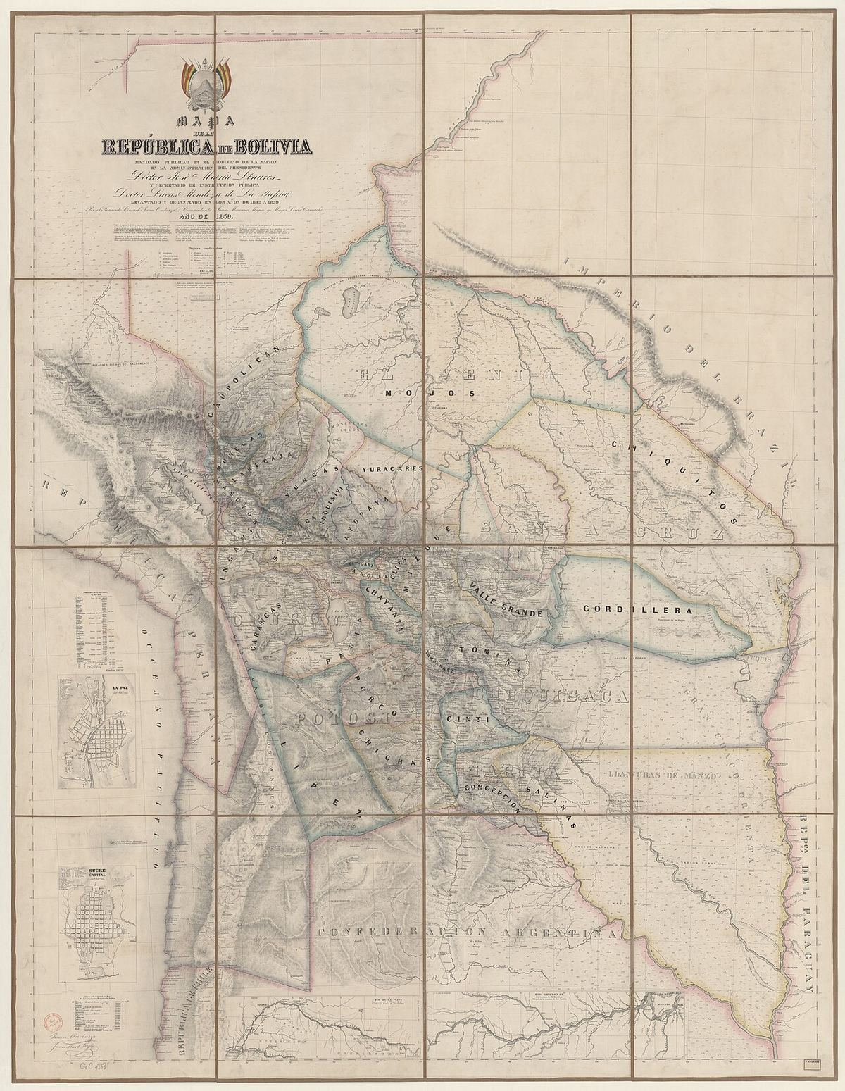 Mapa de la republica de Bolivia... levantado y organizado en los años de 1842 a 1859 / por... Juan Ondarza ; ,... Juan Mariano Mujia ; y... Lucio Camacho, de Juan Ondarza, Juan Mariano Mujía y Lucio Camacho, 1859. La carta de Ondarza, Mujía y Camacho, levantada entre 1842 y 1859: el primer mapa oficial de Bolivia. Es la lámina que esta página describe.