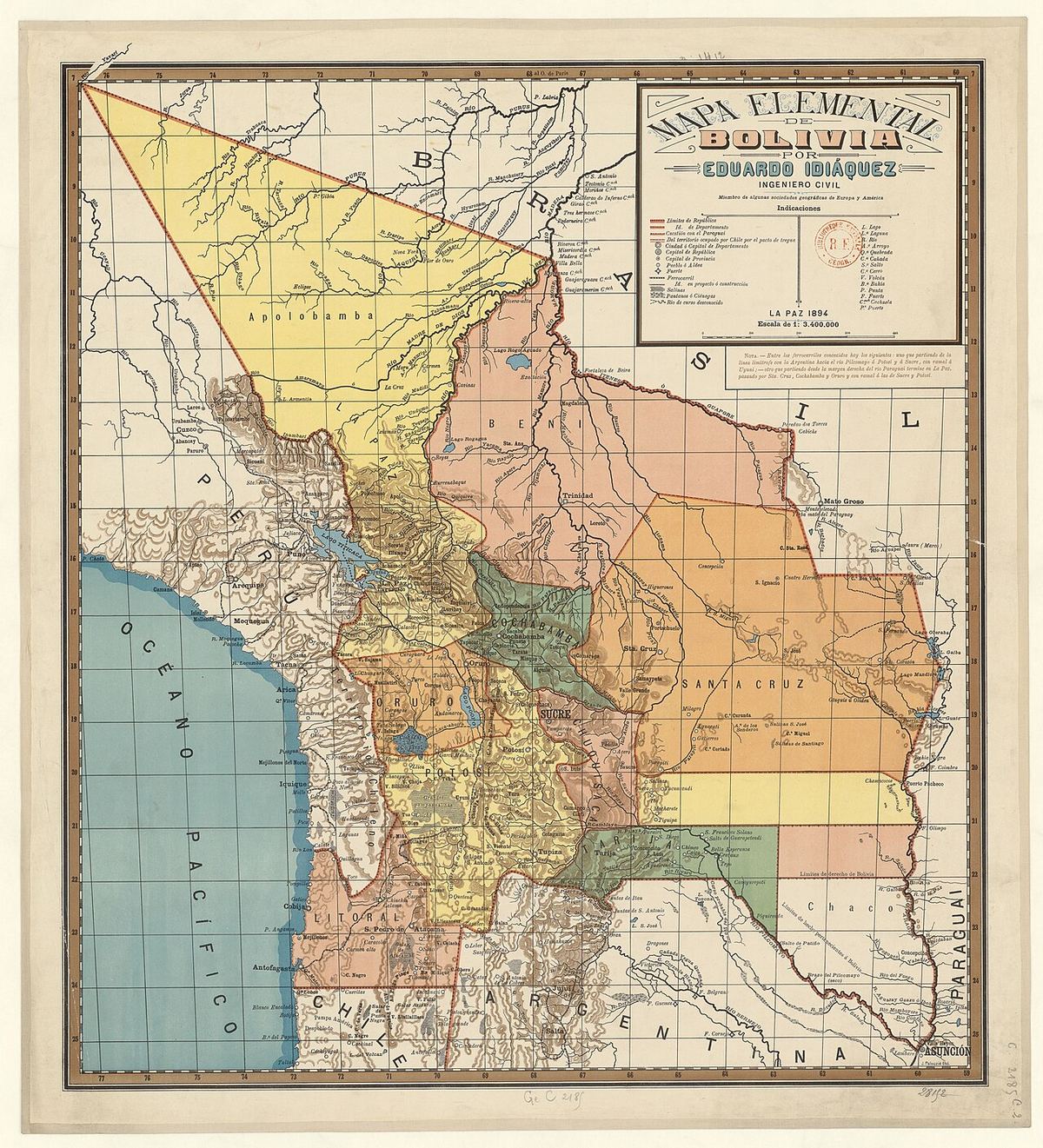 Mapa elemental de Bolivia / por Eduardo Idiaquez, de Eduardo Idiaquez, 1894. El Mapa elemental de Bolivia de Eduardo Idiaquez, 1894, publicado en Bolivia y no en el extranjero: el país tal como se representaba a sí mismo antes de la pérdida del Acre.