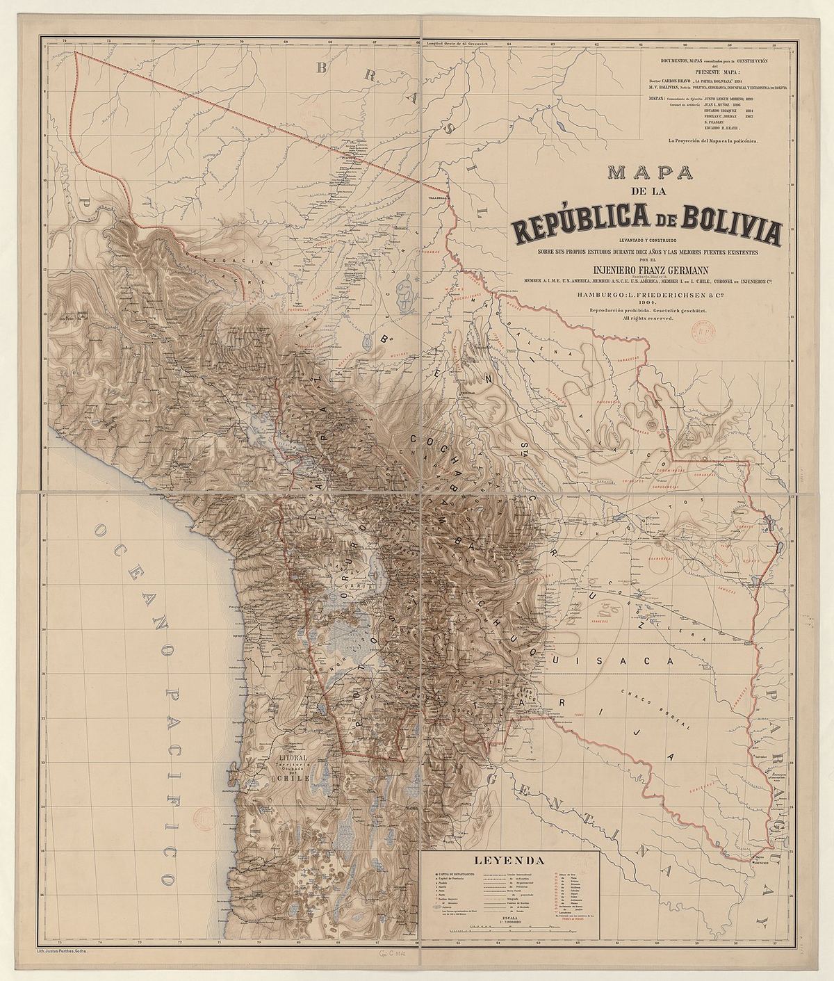 Mapa de la republica de Bolivia 1/2.000.000 levantado y construido sobre sus propios estudios durante diez años y las mejores fuentes existentes / por el injeniero Franz German, de Franz German, 1904. La carta de Franz German a 1:2 000 000, fechada en 1904: el territorio ya sin el litoral y con la frontera del Acre modificada por el tratado de Petrópolis.