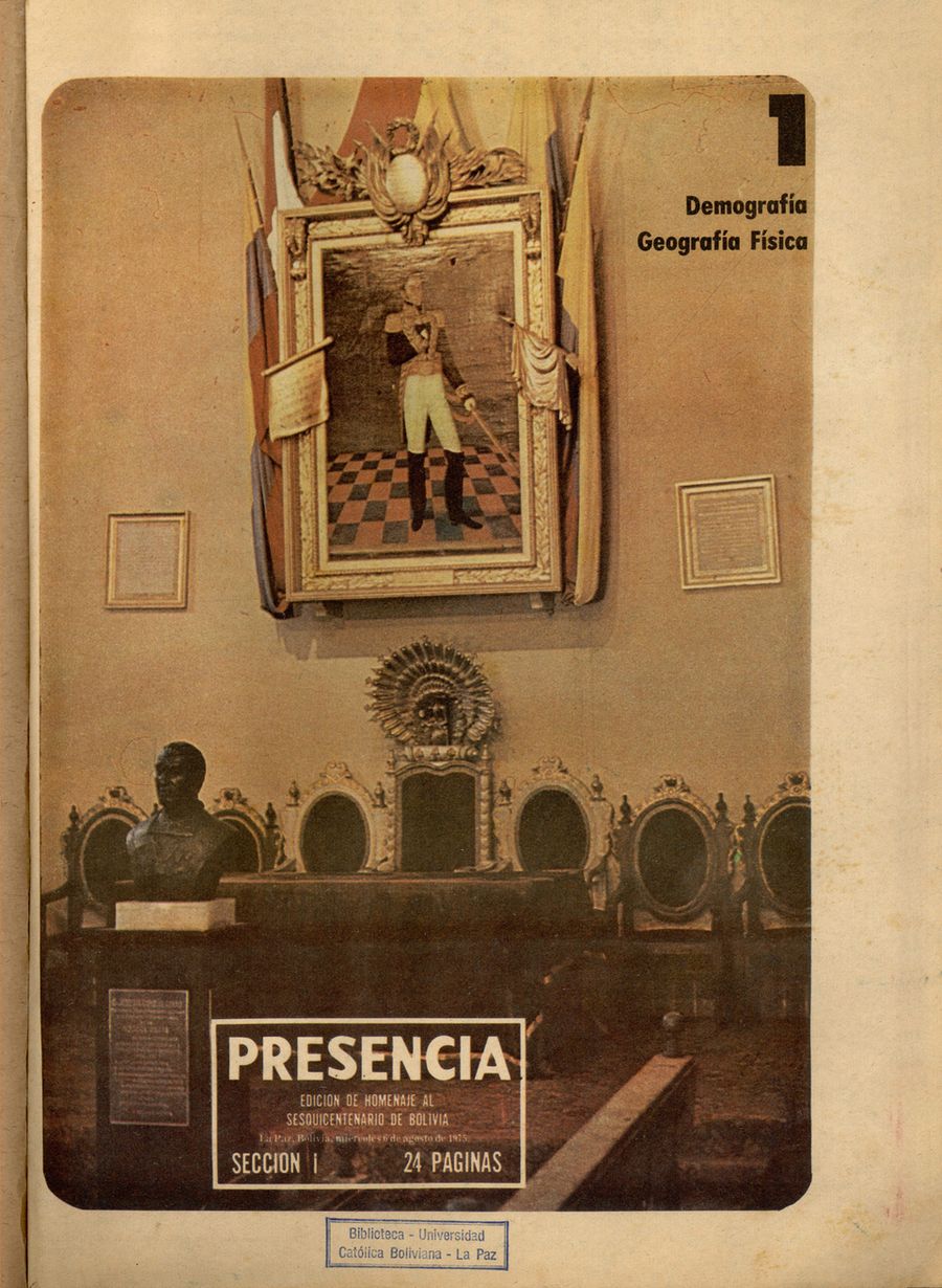 Portada del diario Presencia en su edición del sesquicentenario de Bolivia, con titulares a varias columnas y fotografías en blanco y negro.